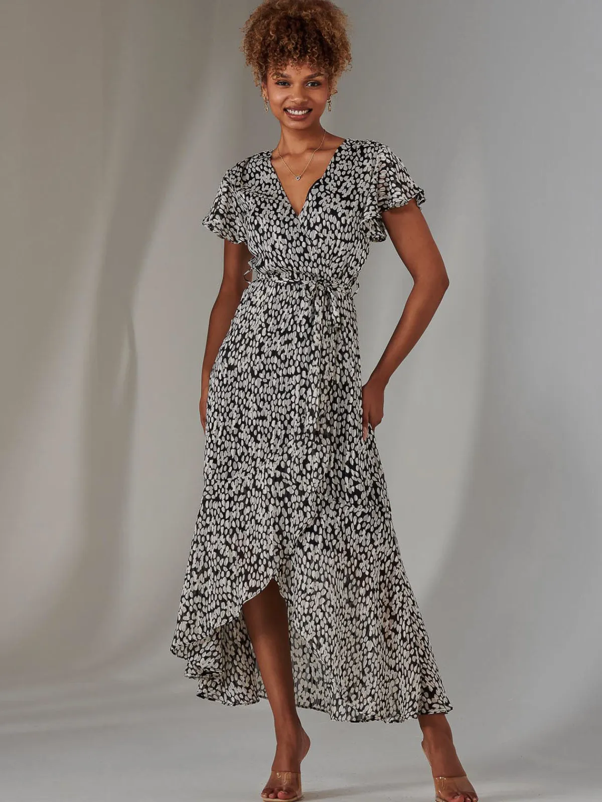 Jolie Moi Occasion Dresses|Printed Dresses-Chiffon Print Frill Dip Hem Maxi Dress, Black Spot