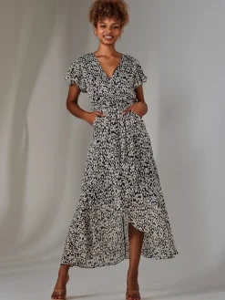 Jolie Moi Occasion Dresses|Printed Dresses-Chiffon Print Frill Dip Hem Maxi Dress, Black Spot