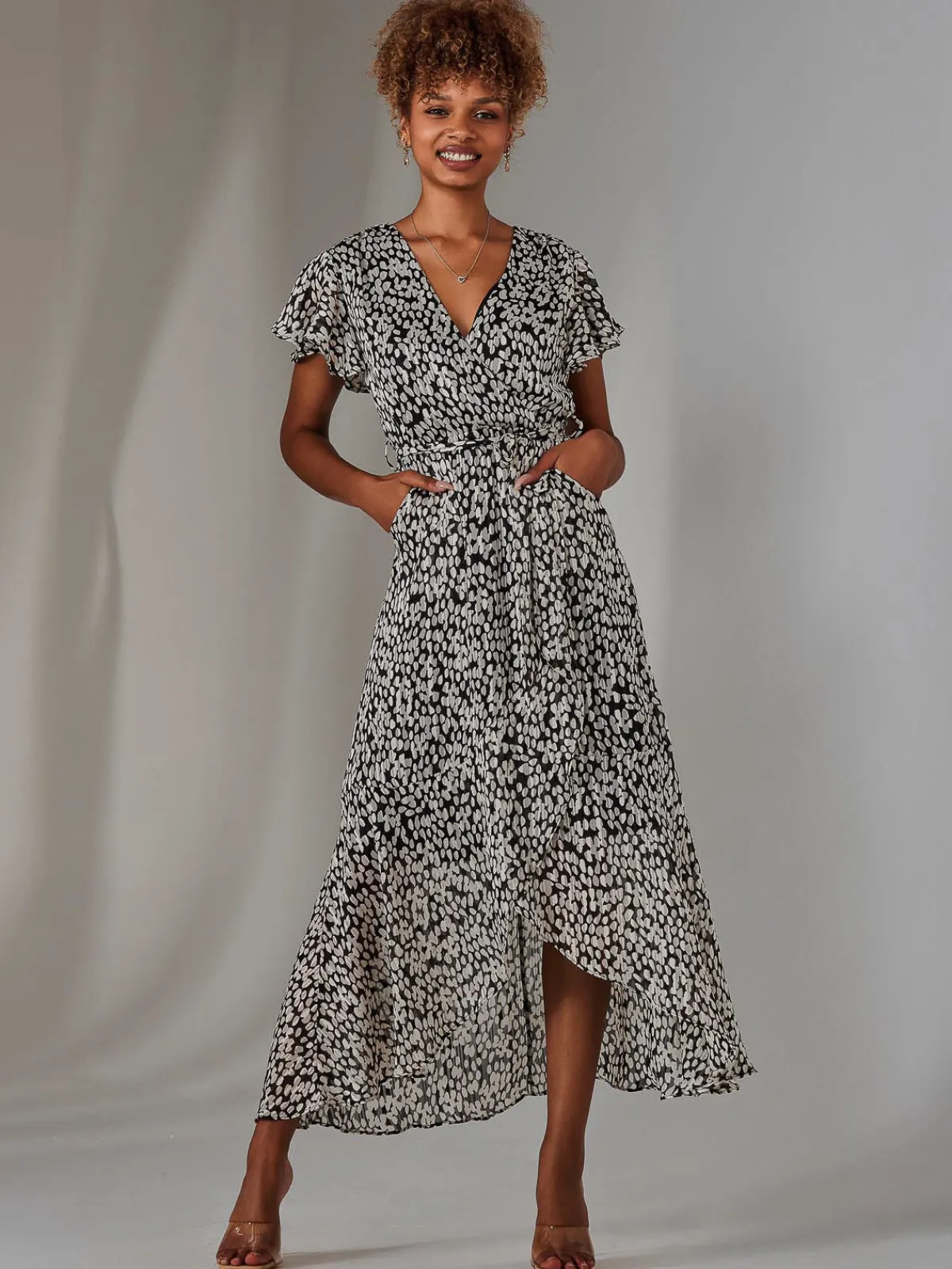 Jolie Moi Occasion Dresses|Printed Dresses-Chiffon Print Frill Dip Hem Maxi Dress, Black Spot