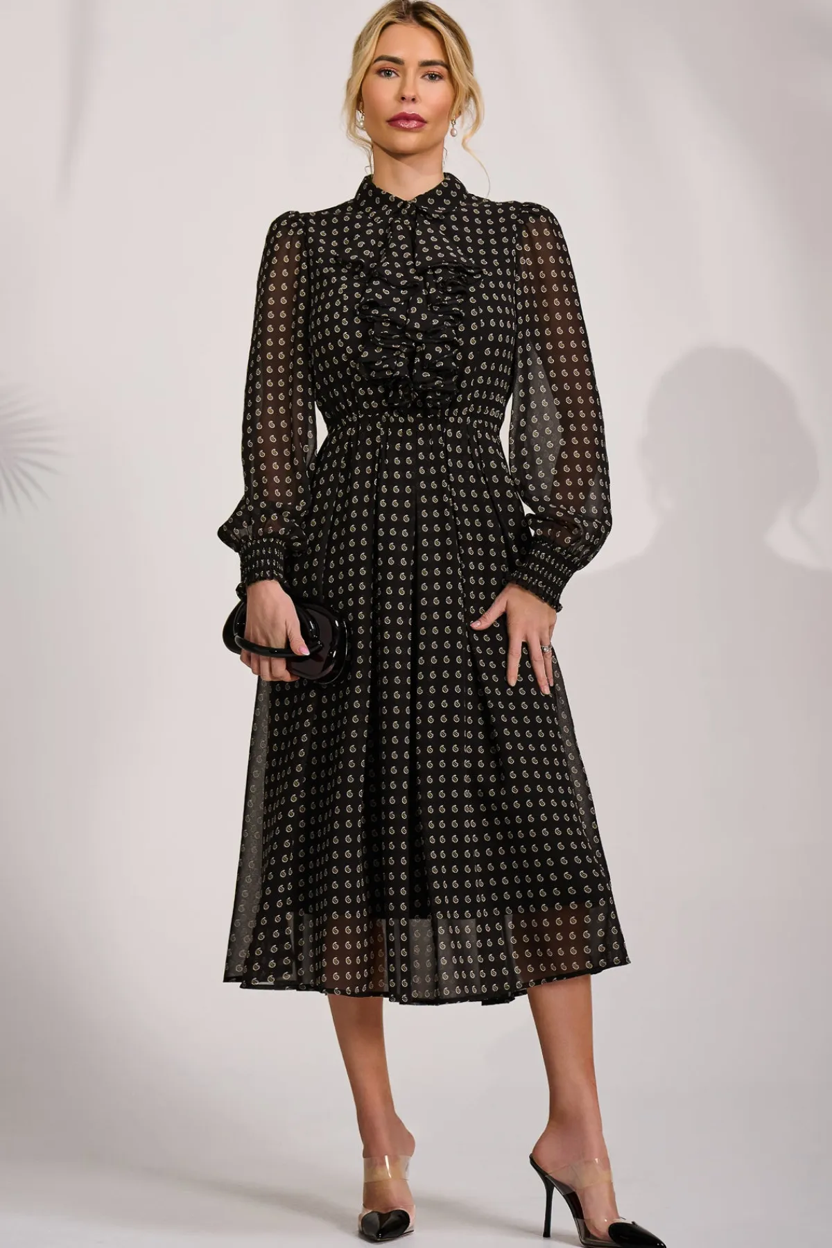Jolie Moi Occasion Dresses|Party Dresses-Chiffon Print Ruffled Shirt Dress, Black Paisley