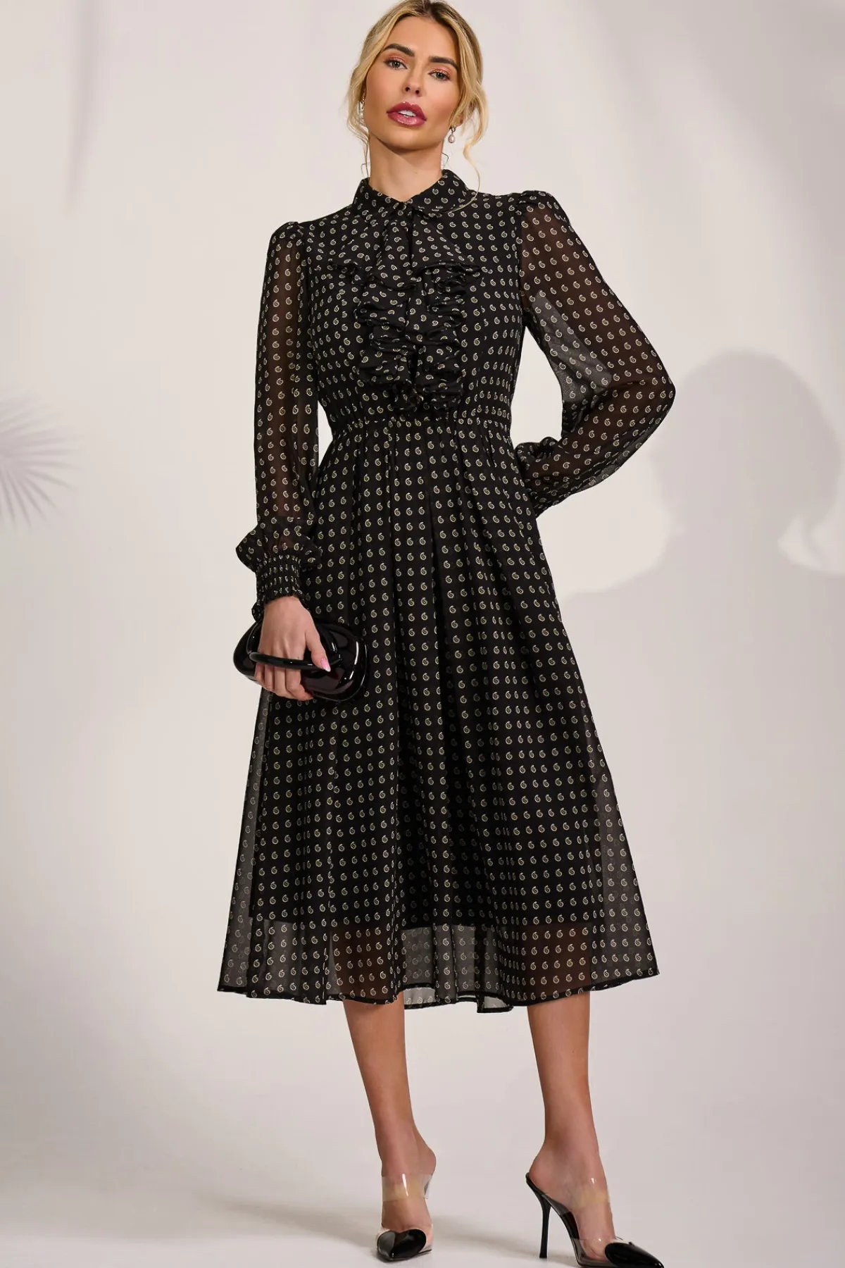 Jolie Moi Occasion Dresses|Party Dresses-Chiffon Print Ruffled Shirt Dress, Black Paisley