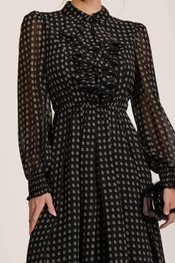 Jolie Moi Occasion Dresses|Party Dresses-Chiffon Print Ruffled Shirt Dress, Black Paisley