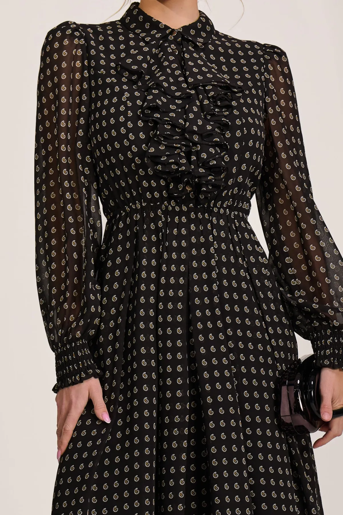 Jolie Moi Occasion Dresses|Party Dresses-Chiffon Print Ruffled Shirt Dress, Black Paisley