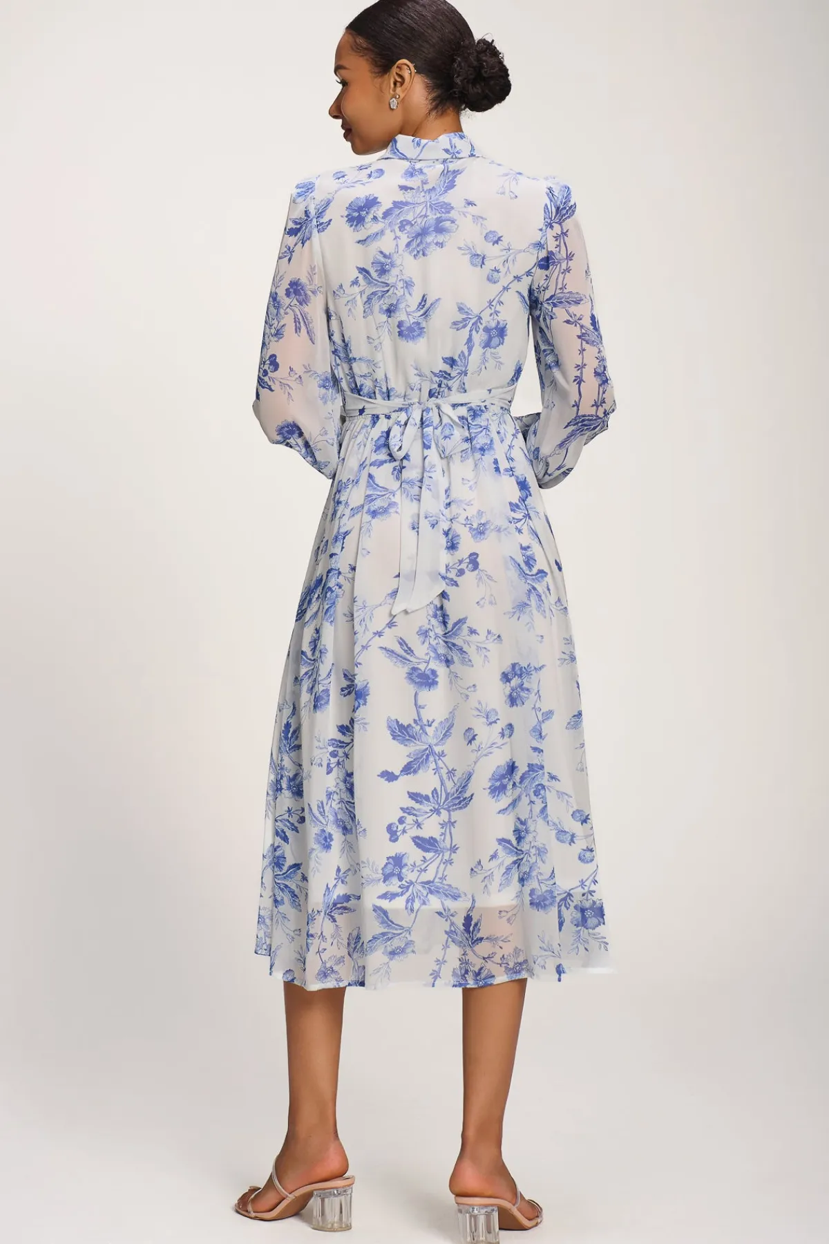 Jolie Moi Occasion Dresses|Floral Dresses-Chiffon Print Ruffled Shirt Dress, White Floral