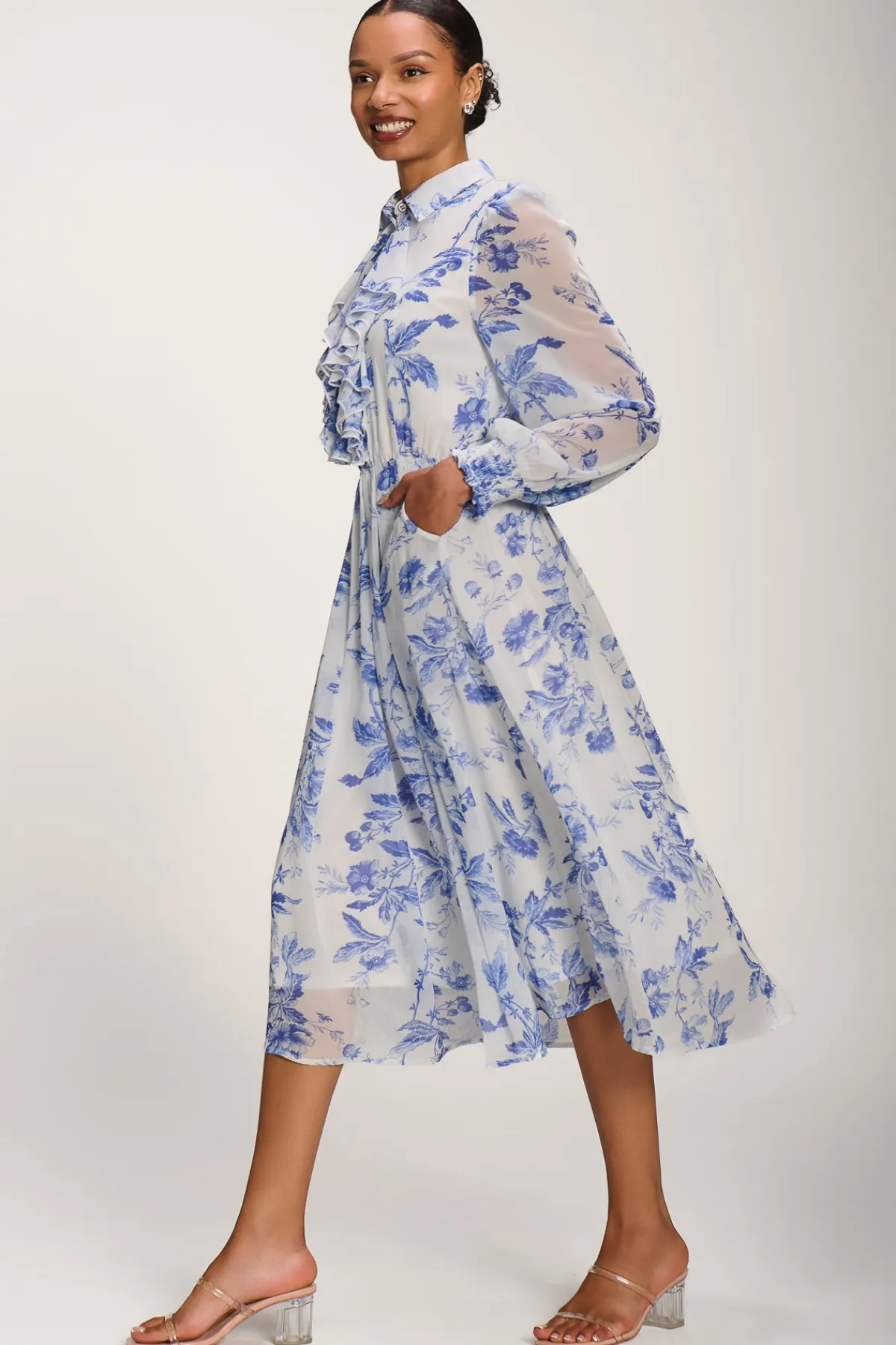 Jolie Moi Occasion Dresses|Floral Dresses-Chiffon Print Ruffled Shirt Dress, White Floral