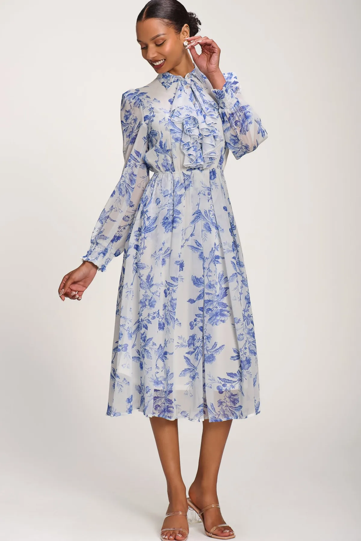 Jolie Moi Occasion Dresses|Floral Dresses-Chiffon Print Ruffled Shirt Dress, White Floral