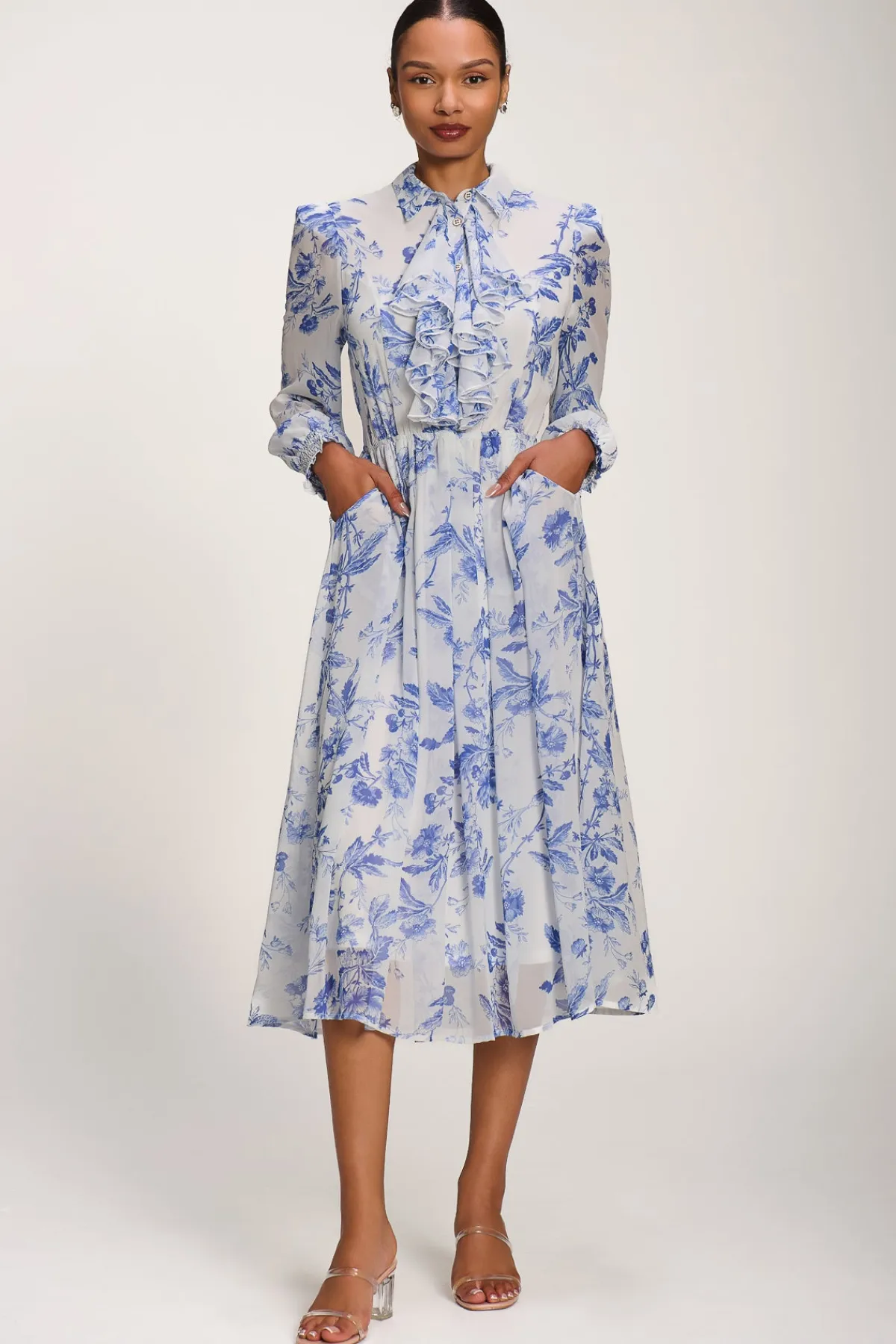 Jolie Moi Occasion Dresses|Floral Dresses-Chiffon Print Ruffled Shirt Dress, White Floral
