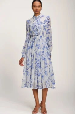 Jolie Moi Occasion Dresses|Floral Dresses-Chiffon Print Ruffled Shirt Dress, White Floral