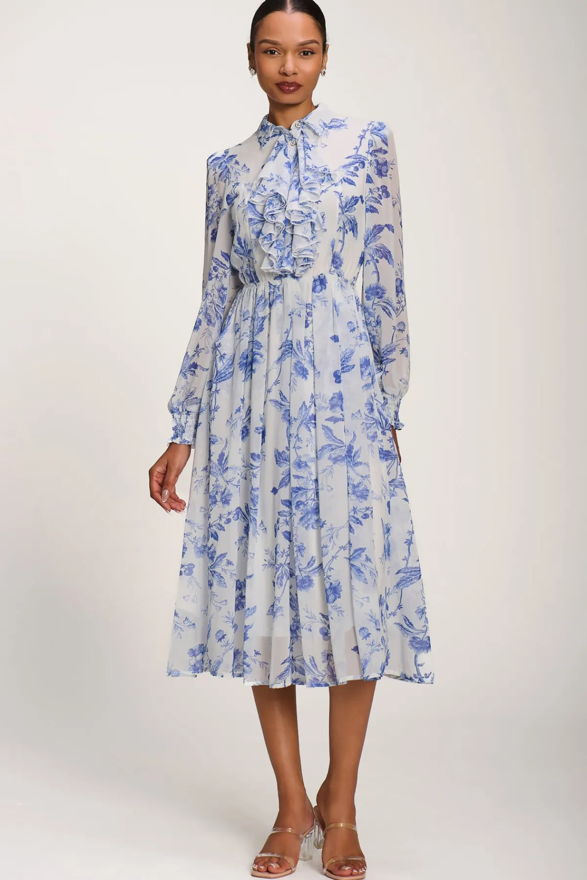 Jolie Moi Occasion Dresses|Floral Dresses-Chiffon Print Ruffled Shirt Dress, White Floral