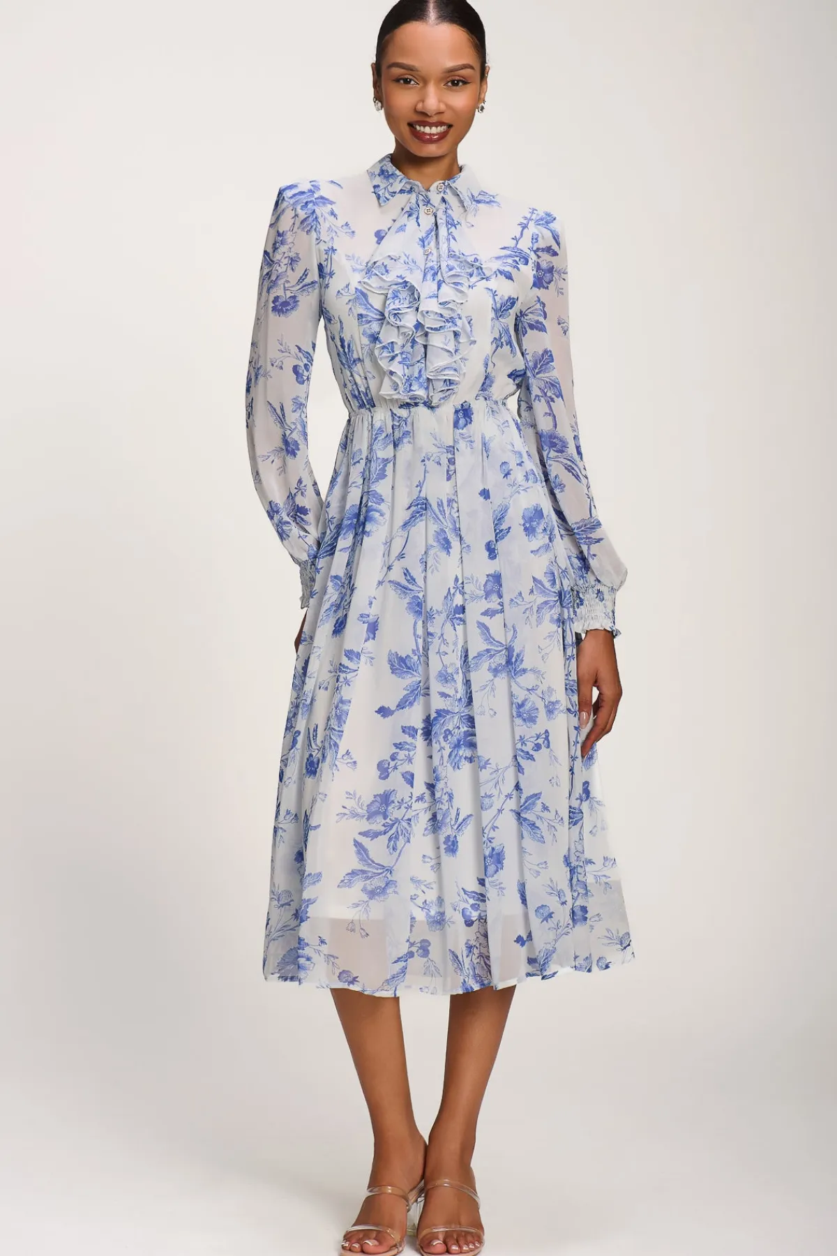Jolie Moi Occasion Dresses|Floral Dresses-Chiffon Print Ruffled Shirt Dress, White Floral