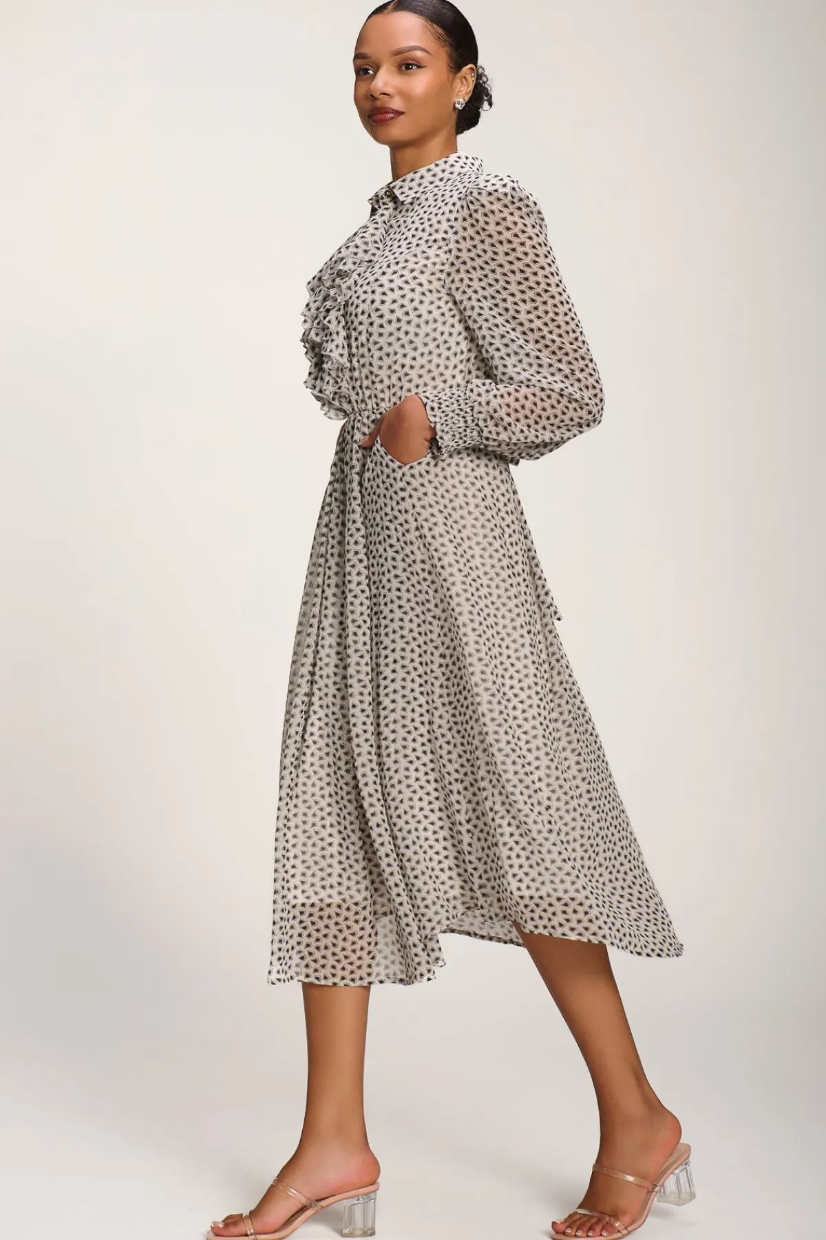 Jolie Moi Office Wear|Office Dresses-Chiffon Ruffle Long Sleeve Shirt Dress, White Geo