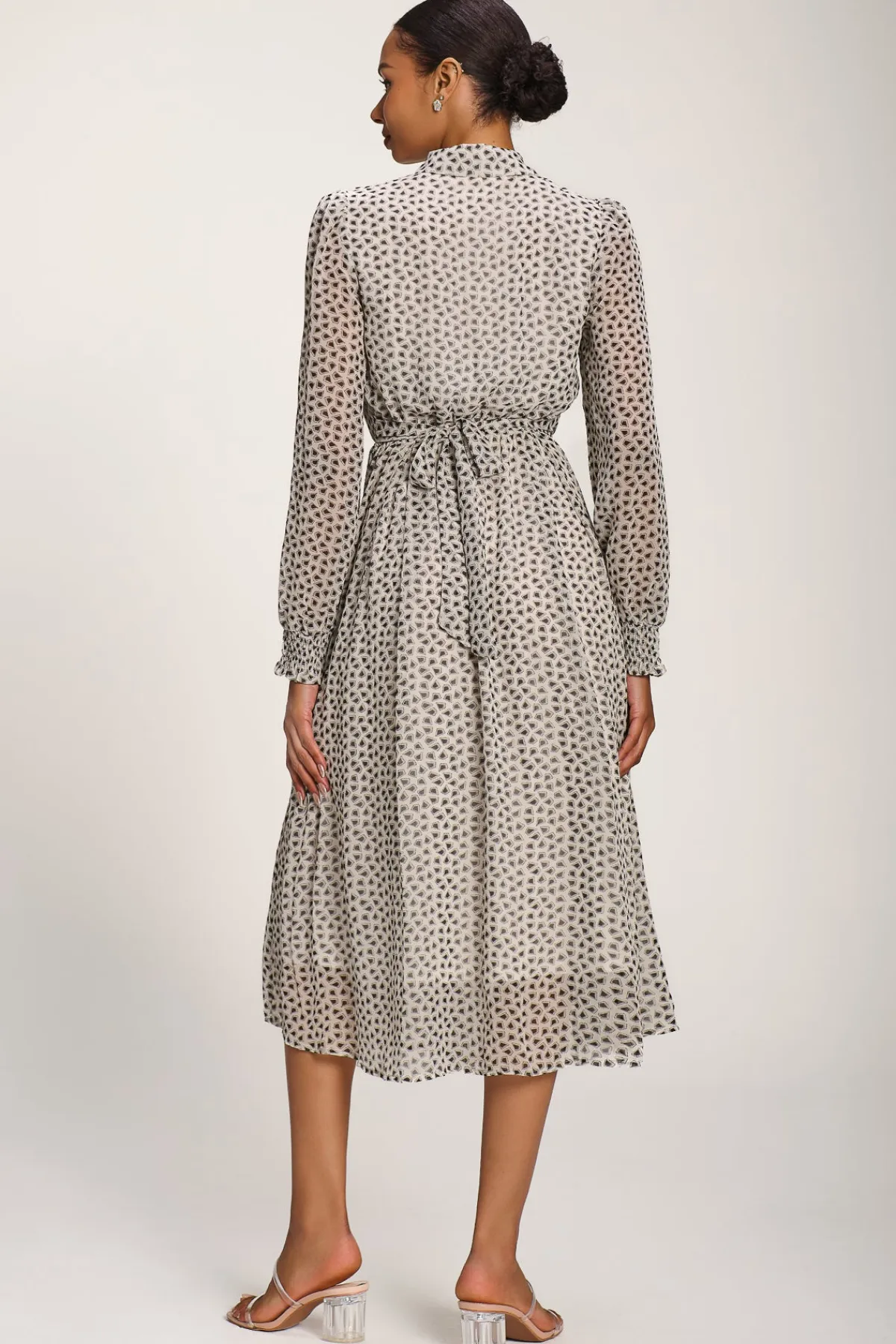 Jolie Moi Office Wear|Office Dresses-Chiffon Ruffle Long Sleeve Shirt Dress, White Geo