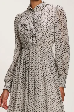 Jolie Moi Office Wear|Office Dresses-Chiffon Ruffle Long Sleeve Shirt Dress, White Geo