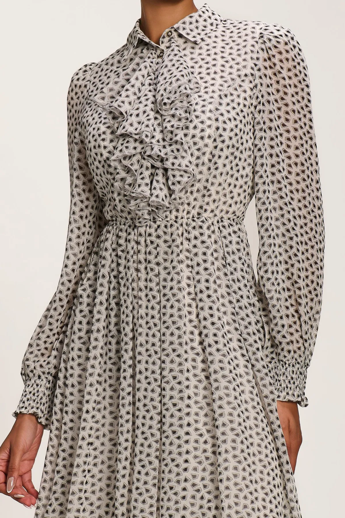 Jolie Moi Office Wear|Office Dresses-Chiffon Ruffle Long Sleeve Shirt Dress, White Geo