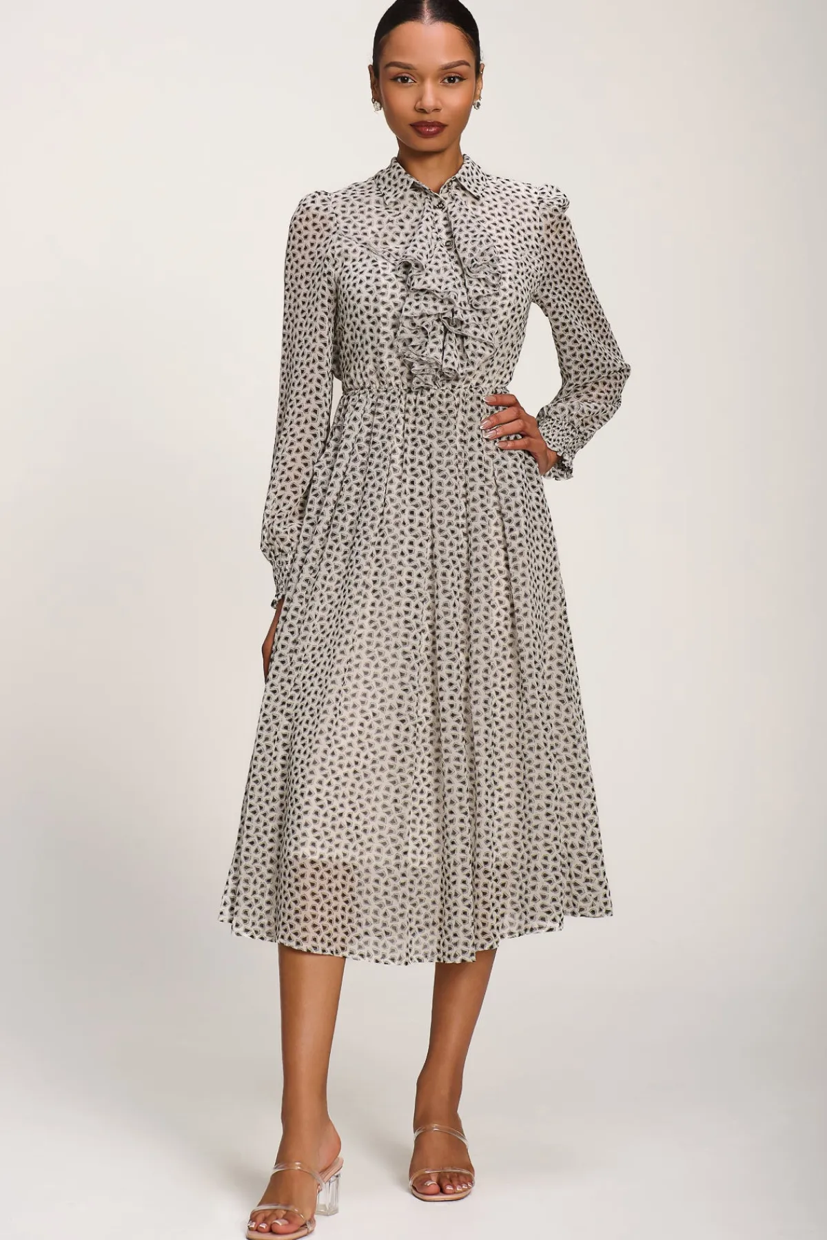 Jolie Moi Office Wear|Office Dresses-Chiffon Ruffle Long Sleeve Shirt Dress, White Geo