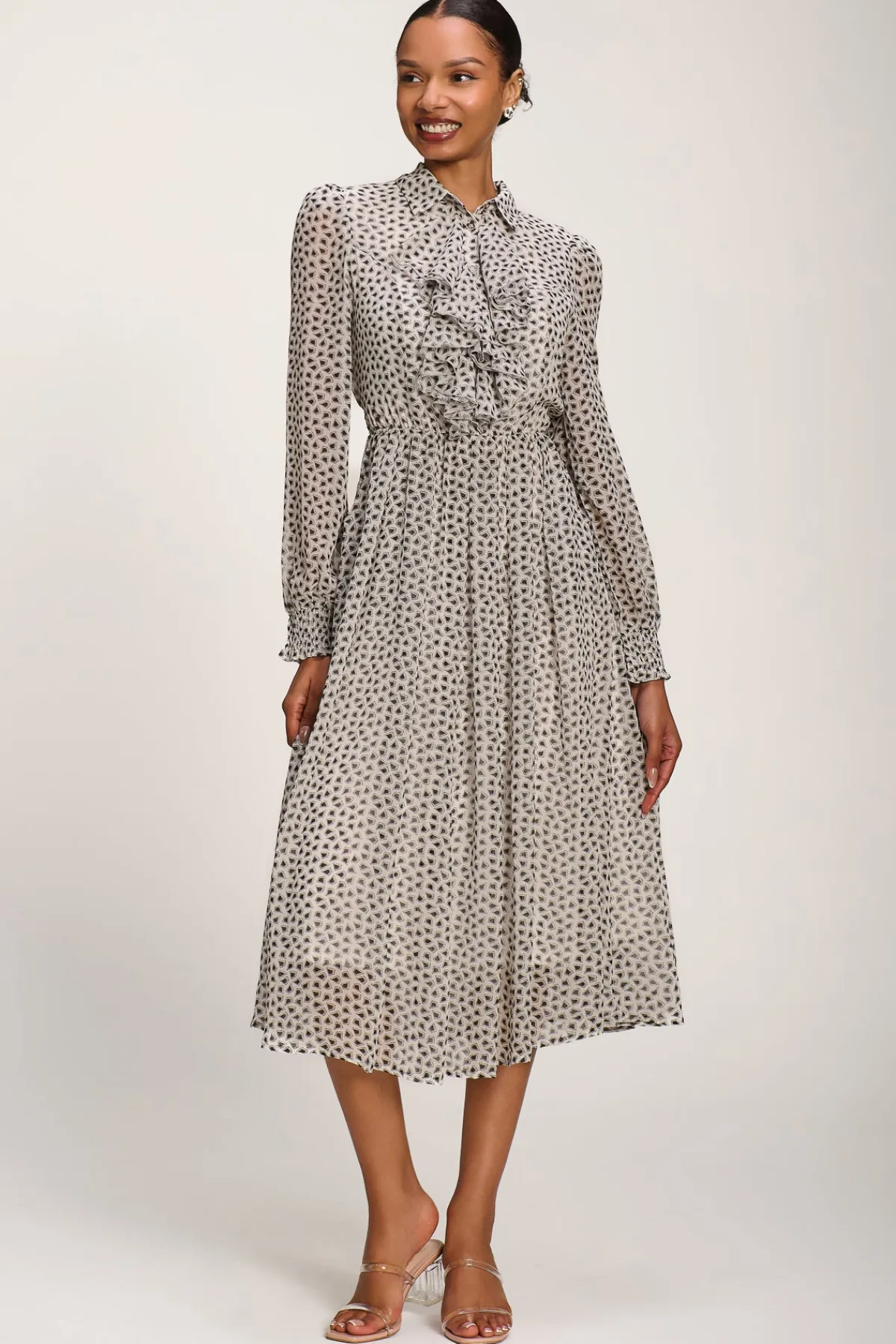 Jolie Moi Office Wear|Office Dresses-Chiffon Ruffle Long Sleeve Shirt Dress, White Geo