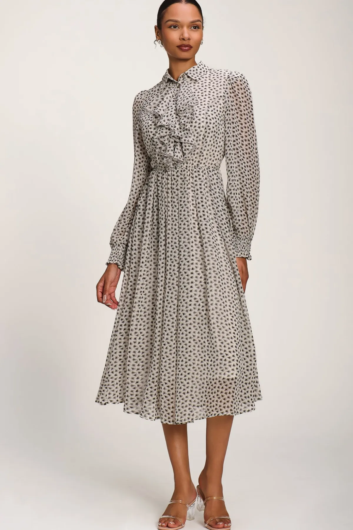Jolie Moi Office Wear|Office Dresses-Chiffon Ruffle Long Sleeve Shirt Dress, White Geo