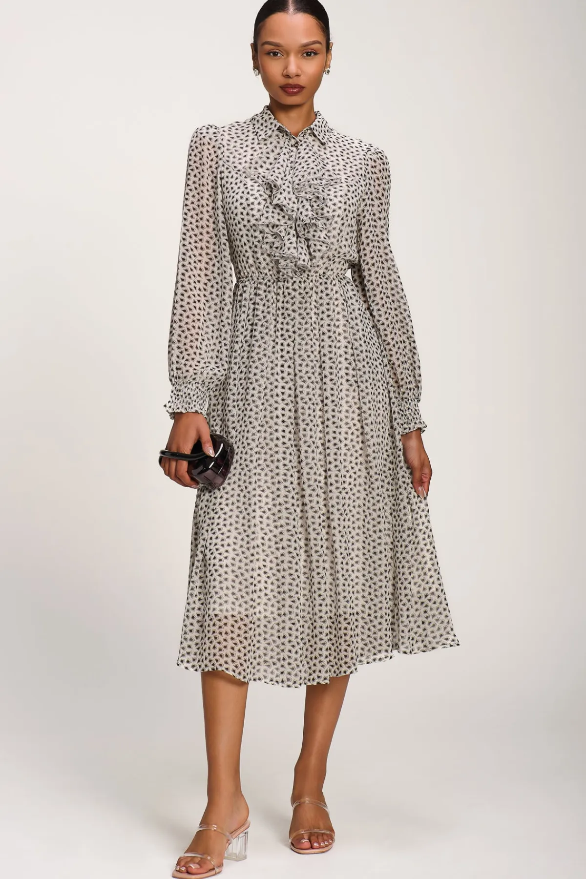 Jolie Moi Office Wear|Office Dresses-Chiffon Ruffle Long Sleeve Shirt Dress, White Geo