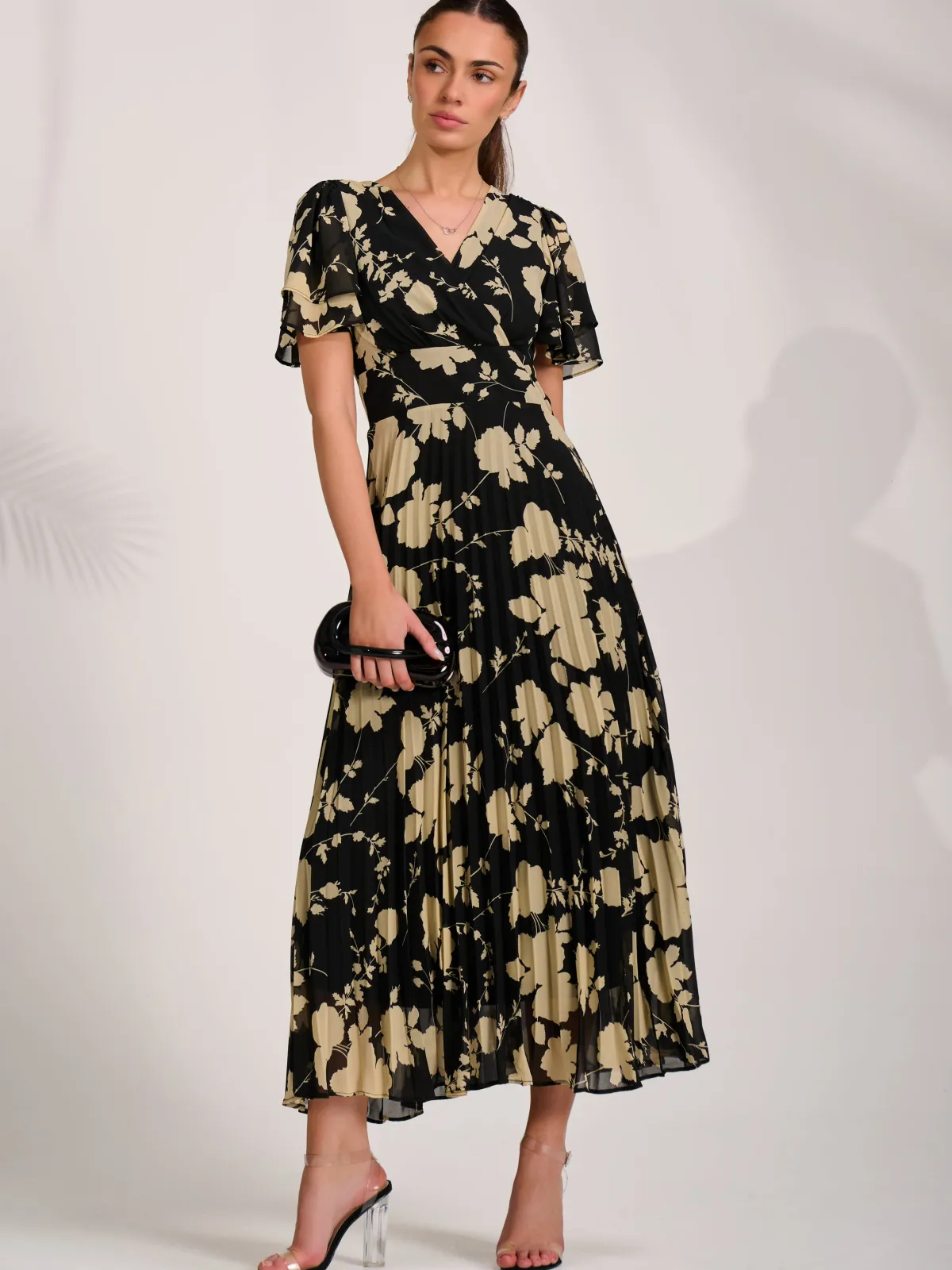 Jolie Moi Occasion Dresses|Floral Dresses-Chiffon Ruffle Sleeve Pleated Maxi Dress, Black Floral