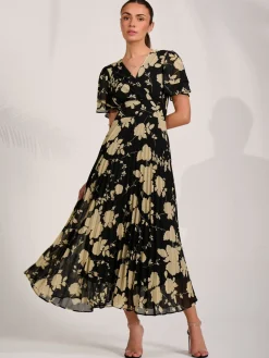 Jolie Moi Occasion Dresses|Floral Dresses-Chiffon Ruffle Sleeve Pleated Maxi Dress, Black Floral