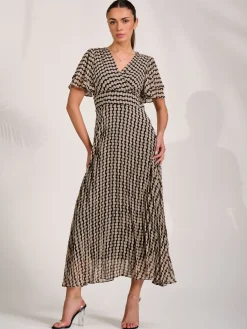 Jolie Moi Occasion Dresses|Party Dresses-Chiffon Ruffle Sleeve Pleated Maxi Dress, Black Geo