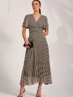 Jolie Moi Occasion Dresses|Party Dresses-Chiffon Ruffle Sleeve Pleated Maxi Dress, Black Geo