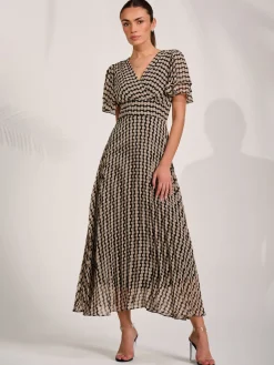 Jolie Moi Occasion Dresses|Party Dresses-Chiffon Ruffle Sleeve Pleated Maxi Dress, Black Geo