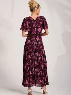 Jolie Moi Occasion Dresses|Floral Dresses-Chiffon Ruffle Sleeve Pleated Maxi Dress, Purple Floral