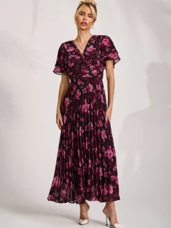 Jolie Moi Occasion Dresses|Floral Dresses-Chiffon Ruffle Sleeve Pleated Maxi Dress, Purple Floral