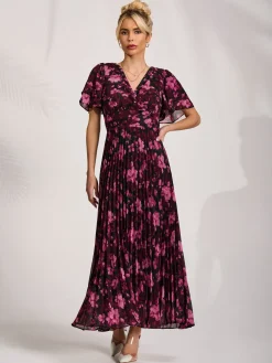 Jolie Moi Occasion Dresses|Floral Dresses-Chiffon Ruffle Sleeve Pleated Maxi Dress, Purple Floral