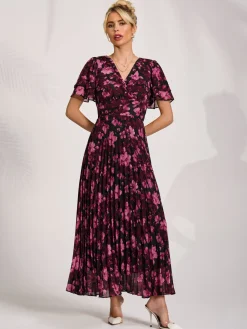 Jolie Moi Occasion Dresses|Floral Dresses-Chiffon Ruffle Sleeve Pleated Maxi Dress, Purple Floral