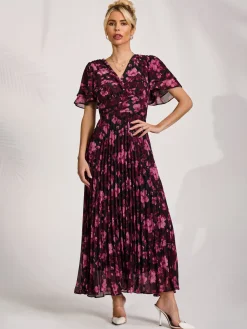 Jolie Moi Occasion Dresses|Floral Dresses-Chiffon Ruffle Sleeve Pleated Maxi Dress, Purple Floral