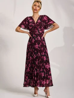 Jolie Moi Occasion Dresses|Floral Dresses-Chiffon Ruffle Sleeve Pleated Maxi Dress, Purple Floral