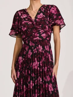 Jolie Moi Occasion Dresses|Floral Dresses-Chiffon Ruffle Sleeve Pleated Maxi Dress, Purple Floral