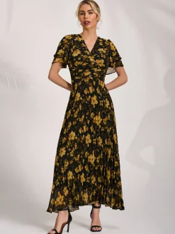Jolie Moi Occasion Dresses|Floral Dresses-Chiffon Ruffle Sleeve Pleated Maxi Dress, Yellow Floral