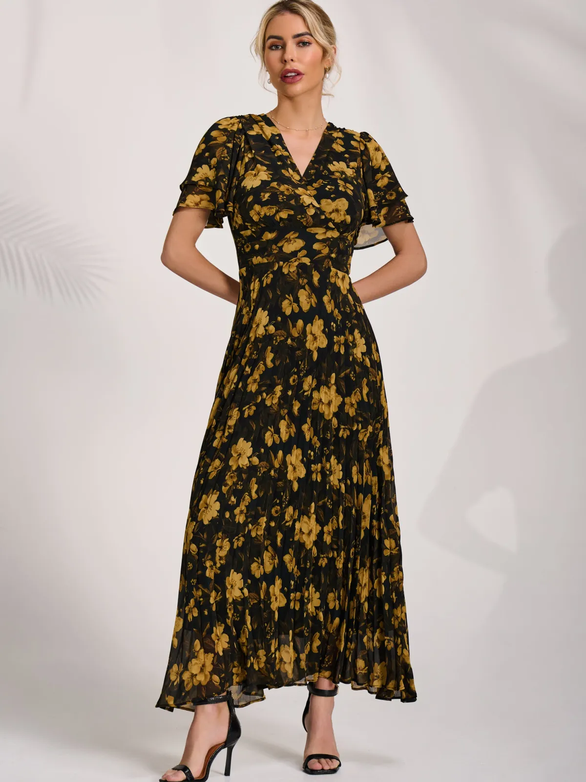Jolie Moi Occasion Dresses|Floral Dresses-Chiffon Ruffle Sleeve Pleated Maxi Dress, Yellow Floral