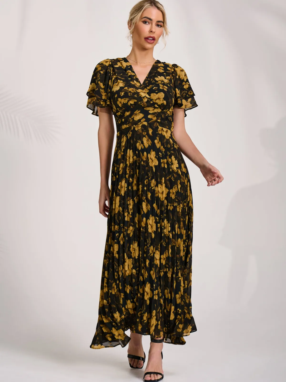 Jolie Moi Occasion Dresses|Floral Dresses-Chiffon Ruffle Sleeve Pleated Maxi Dress, Yellow Floral