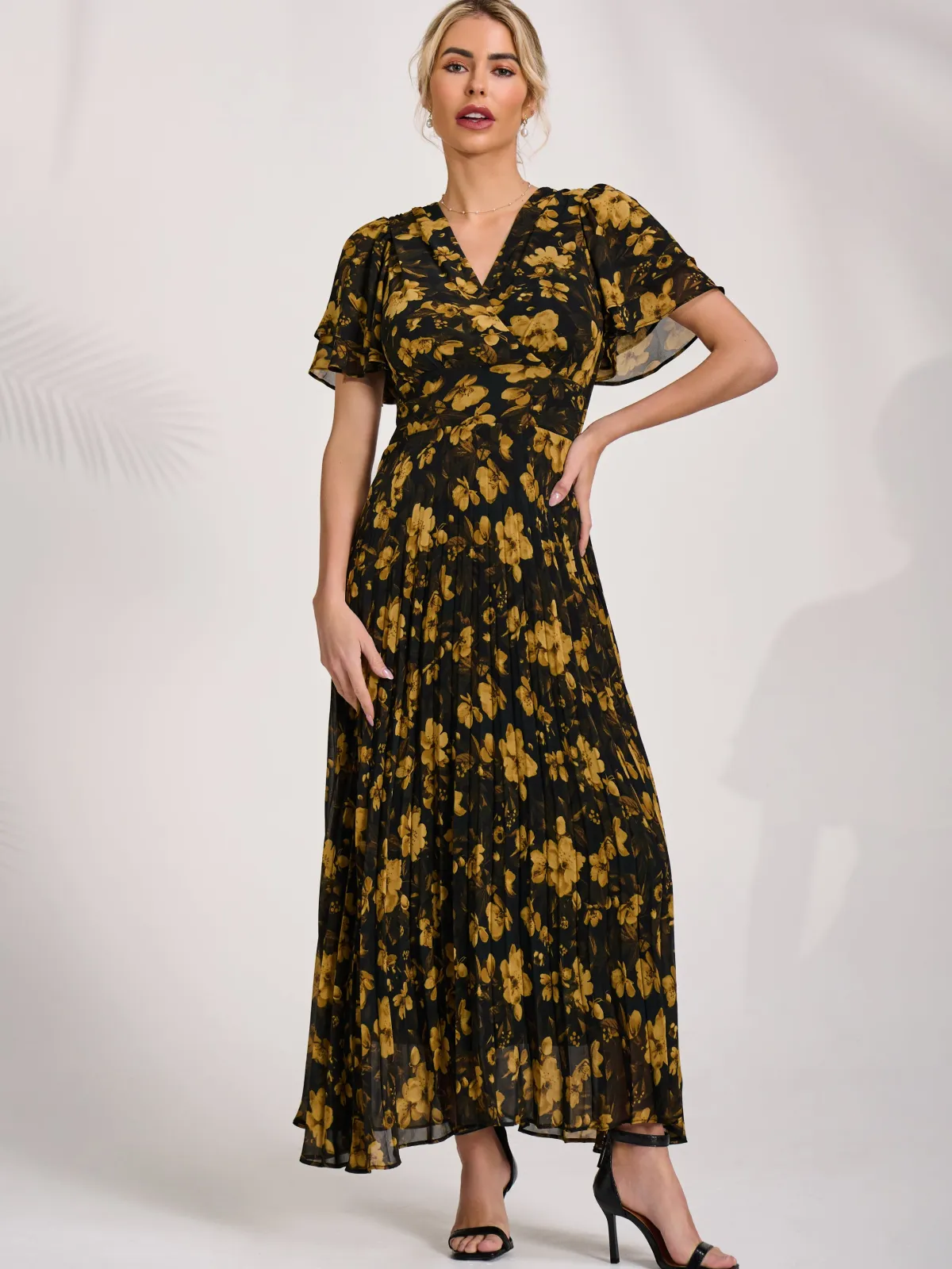 Jolie Moi Occasion Dresses|Floral Dresses-Chiffon Ruffle Sleeve Pleated Maxi Dress, Yellow Floral