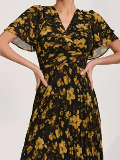 Jolie Moi Occasion Dresses|Floral Dresses-Chiffon Ruffle Sleeve Pleated Maxi Dress, Yellow Floral