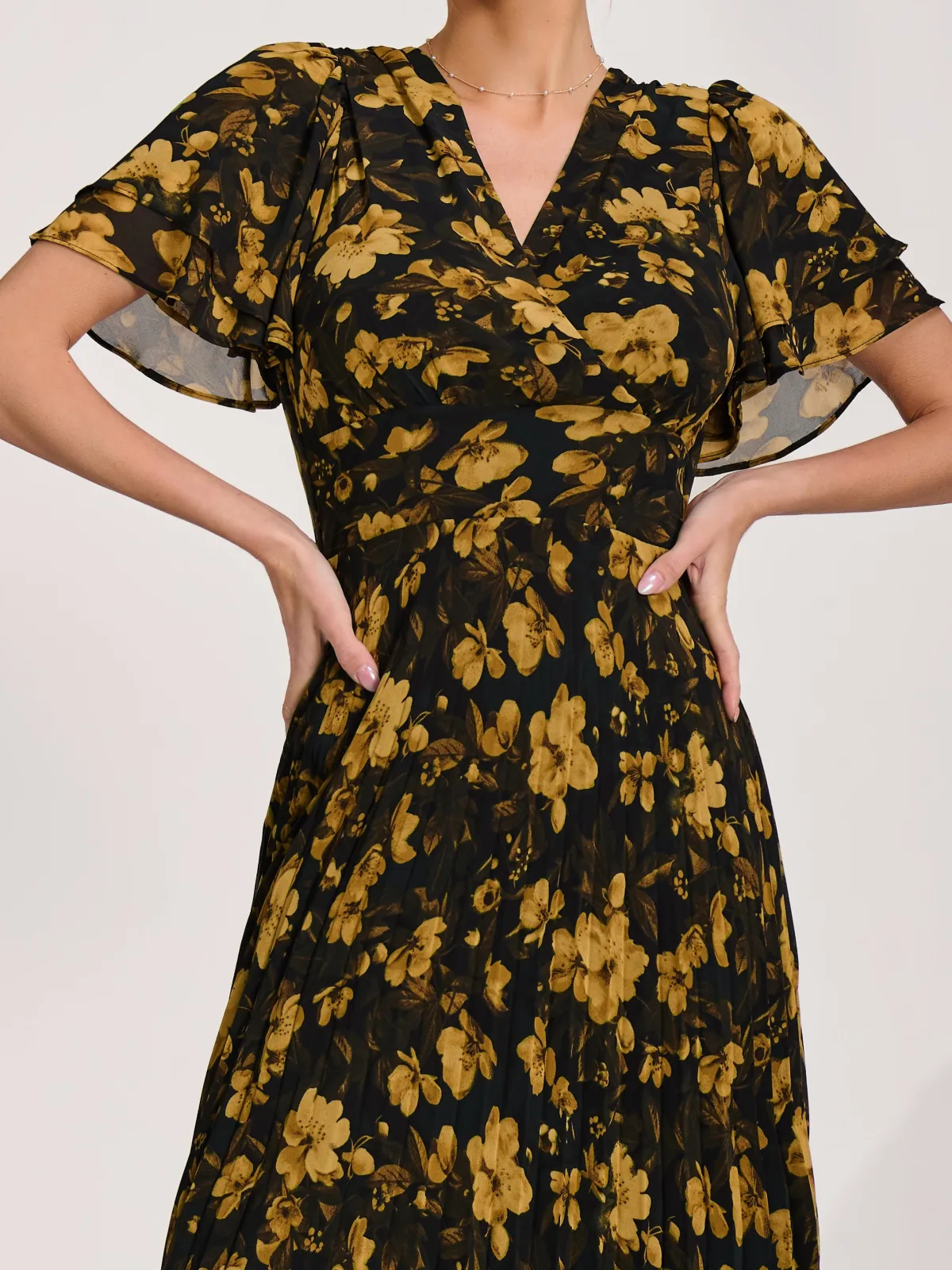 Jolie Moi Occasion Dresses|Floral Dresses-Chiffon Ruffle Sleeve Pleated Maxi Dress, Yellow Floral
