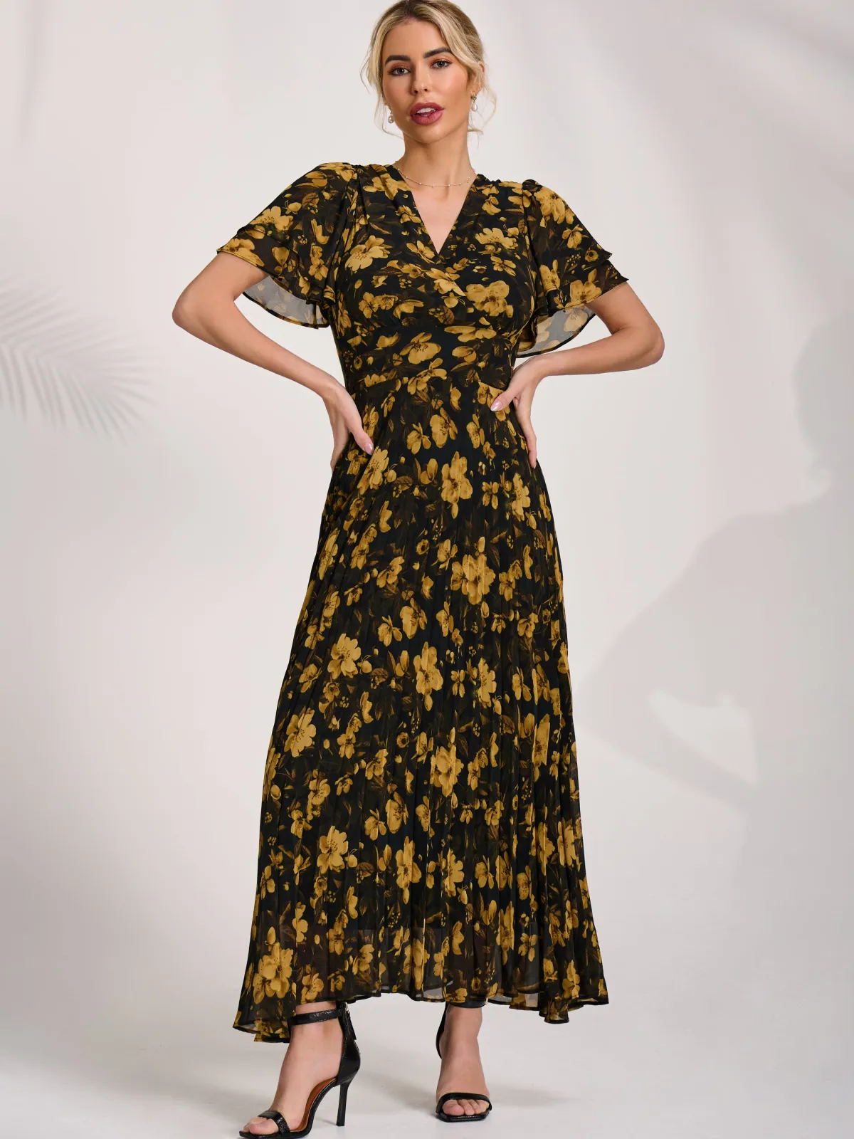 Jolie Moi Occasion Dresses|Floral Dresses-Chiffon Ruffle Sleeve Pleated Maxi Dress, Yellow Floral