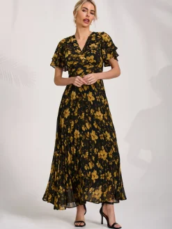 Jolie Moi Occasion Dresses|Floral Dresses-Chiffon Ruffle Sleeve Pleated Maxi Dress, Yellow Floral