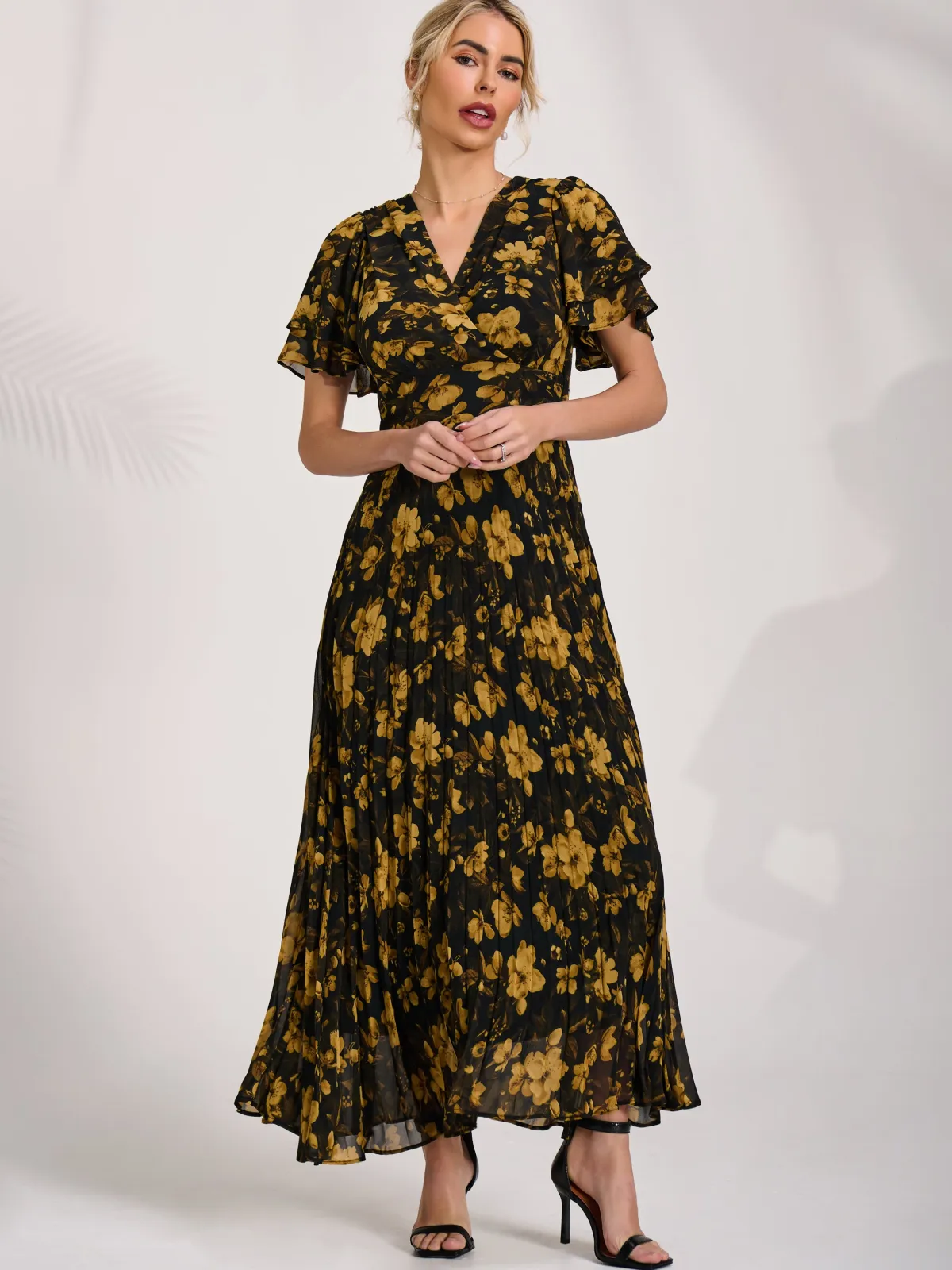 Jolie Moi Occasion Dresses|Floral Dresses-Chiffon Ruffle Sleeve Pleated Maxi Dress, Yellow Floral