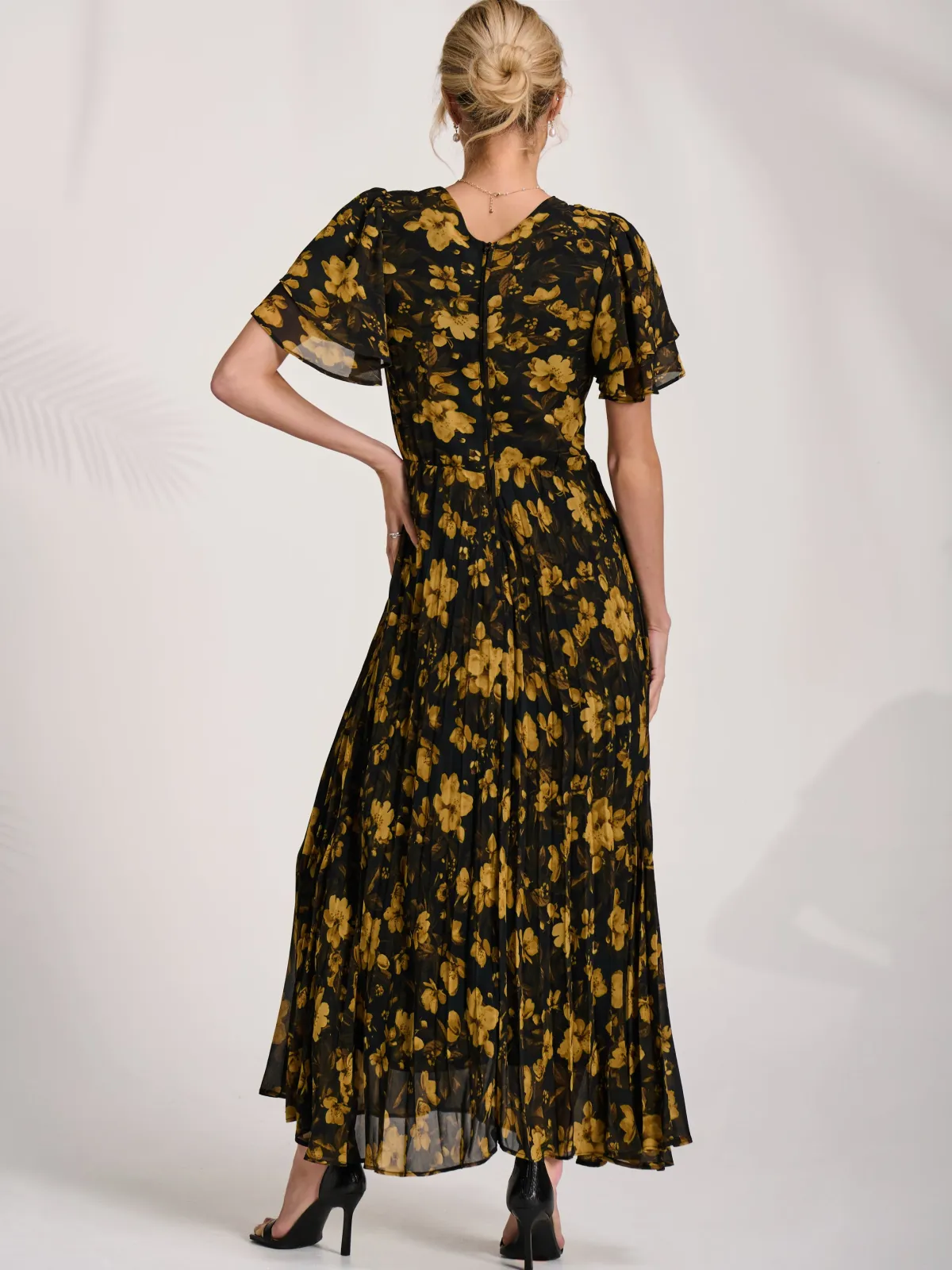 Jolie Moi Occasion Dresses|Floral Dresses-Chiffon Ruffle Sleeve Pleated Maxi Dress, Yellow Floral