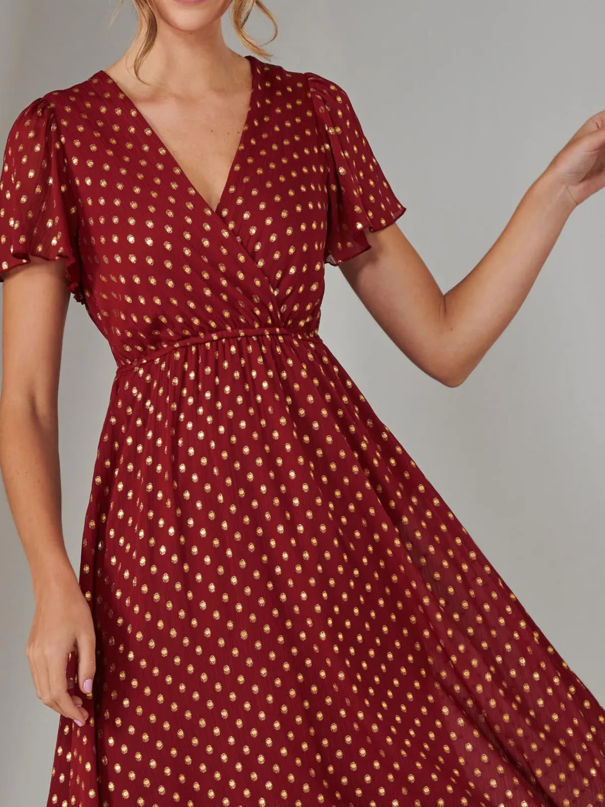 Jolie Moi Occasion Dresses|Party Dresses-Chiffon Short Sleeve Midaxi Dress, Burgundy