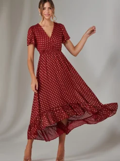 Jolie Moi Occasion Dresses|Party Dresses-Chiffon Short Sleeve Midaxi Dress, Burgundy