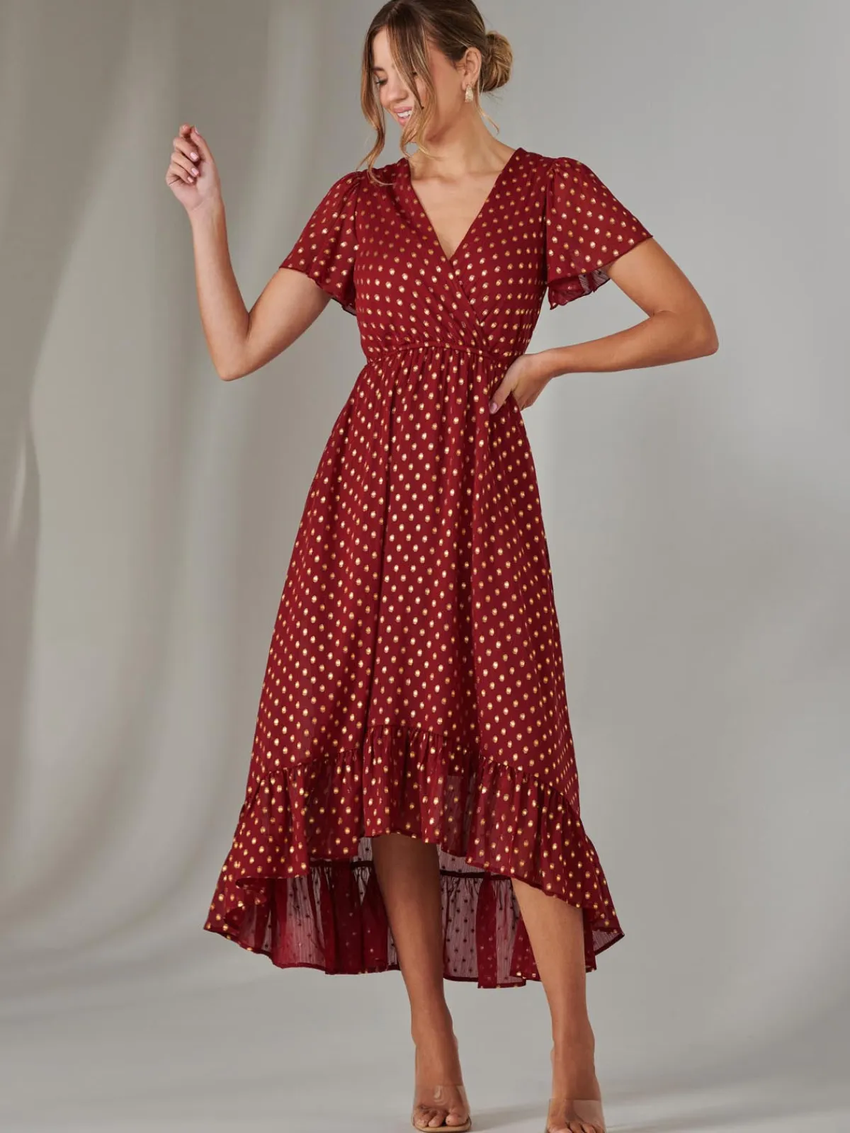 Jolie Moi Occasion Dresses|Party Dresses-Chiffon Short Sleeve Midaxi Dress, Burgundy