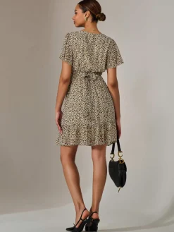 Jolie Moi Office Wear|Office Dresses-Chiffon Short Sleeve Tie Waist Mini Dress, Black Cream