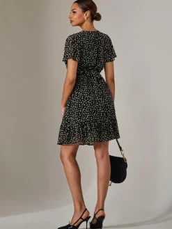 Jolie Moi Office Wear|Weekend Casuals-Chiffon Short Sleeve Tie Waist Mini Dress, Black Pattern