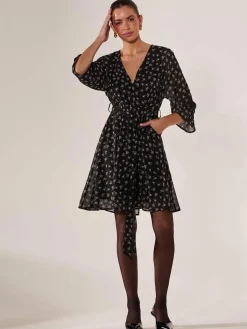 Jolie Moi Floral Dresses|Weekend Casuals-Chiffon 3/4 Sleeve Mini Dress, Black Floral